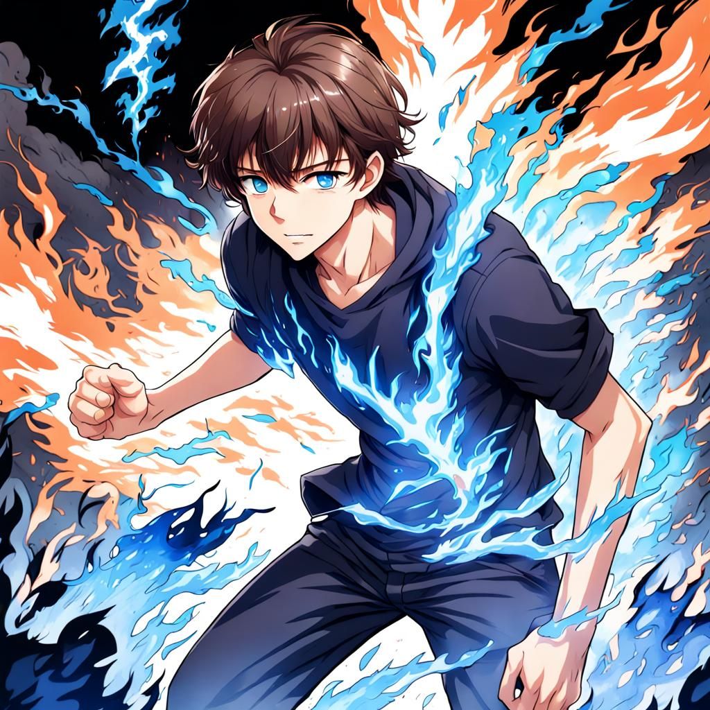 Teenager Surrounded by Blue Fire in Anime Style