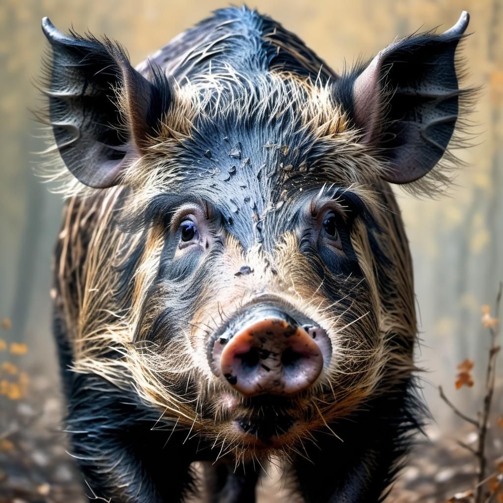Face of a wild boar. Front face. Neo-impressionism