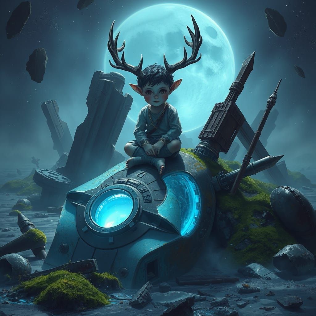 Child Amidst Ruins in Dreamlike Sci-Fi Landscape