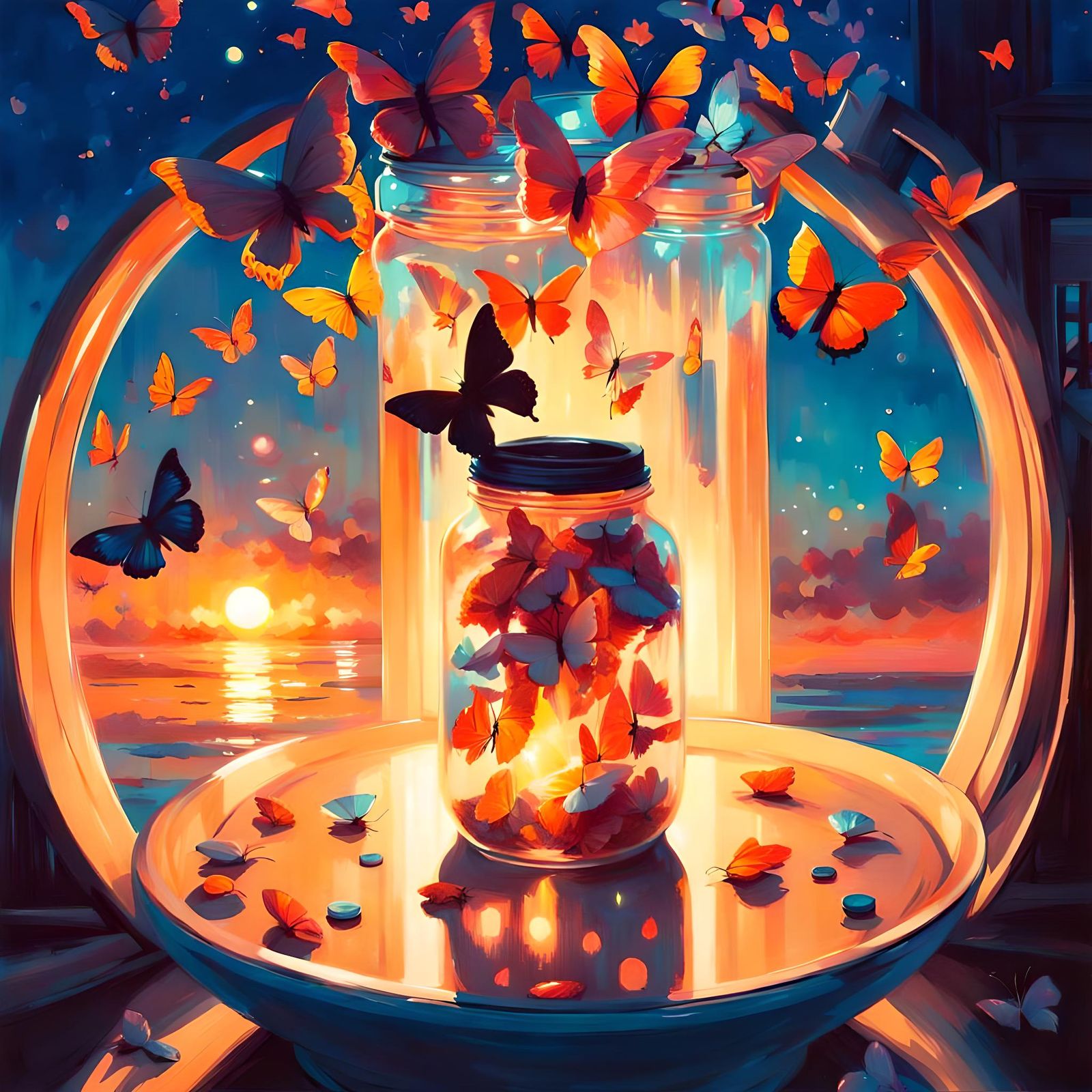 Glowing Butterfly Jar in Digital Painting Style