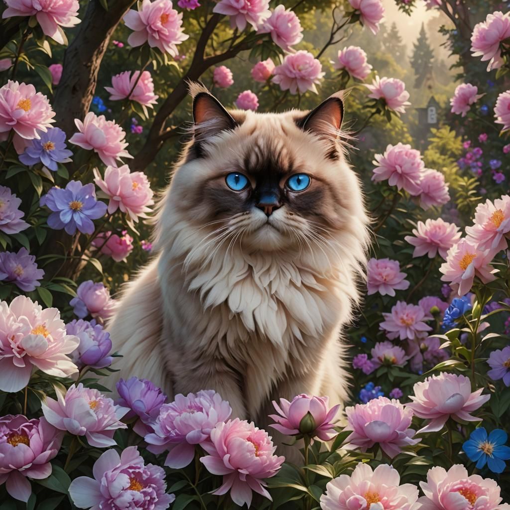 Himalayan Cat in Garden, Detailed Matte Painting