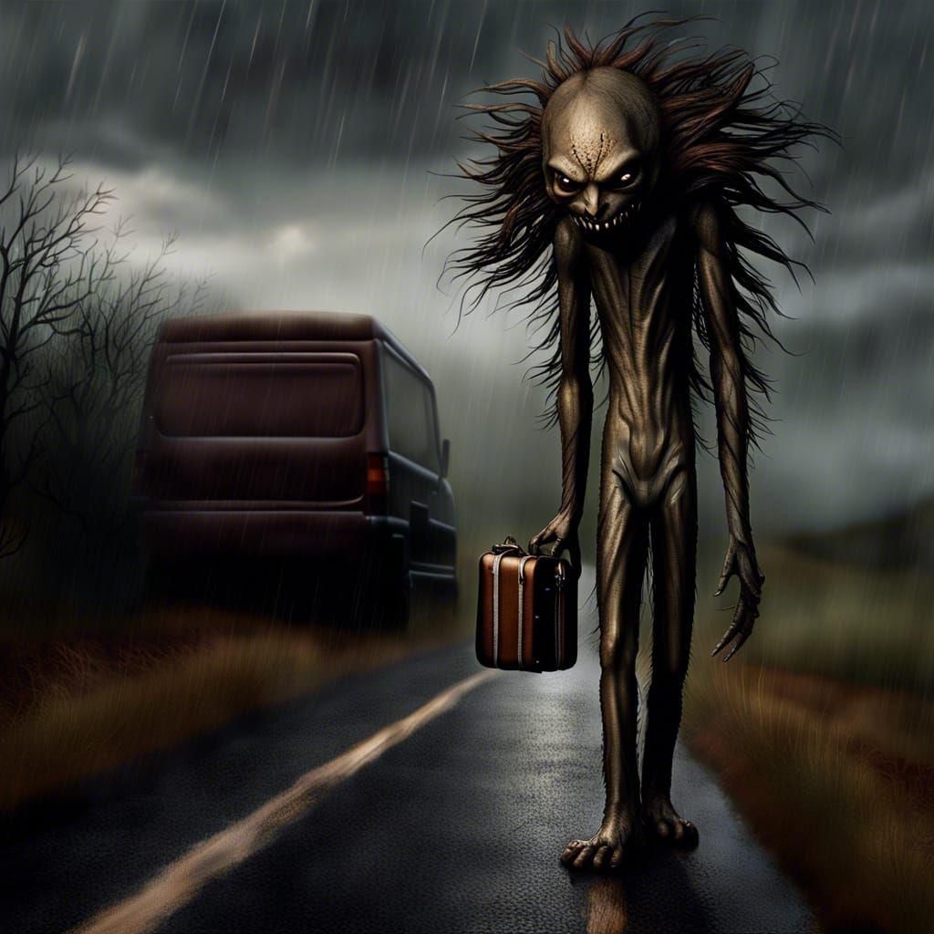 Eerily Tall Hitchhiker with Metallic Face in Rain