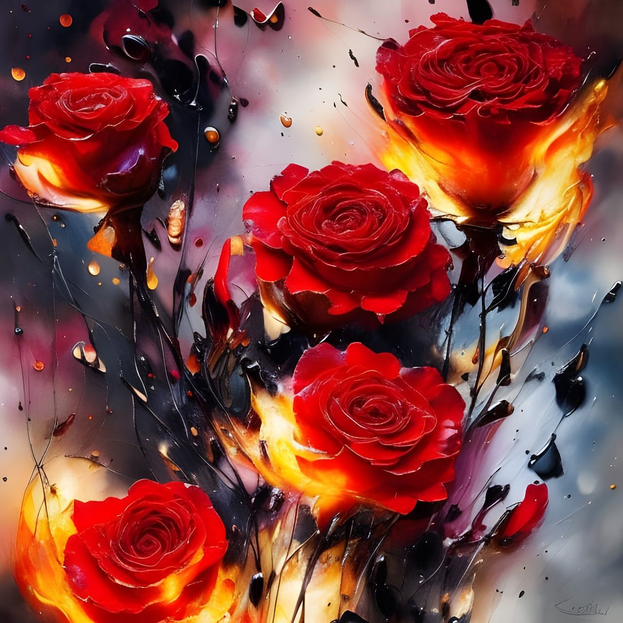 Detailed Fire Rose with Oil Splash Effects