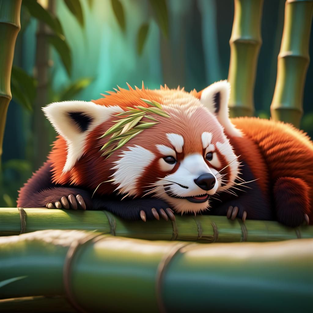 Red Panda Sleeping on Bamboo, 3D Digital Art