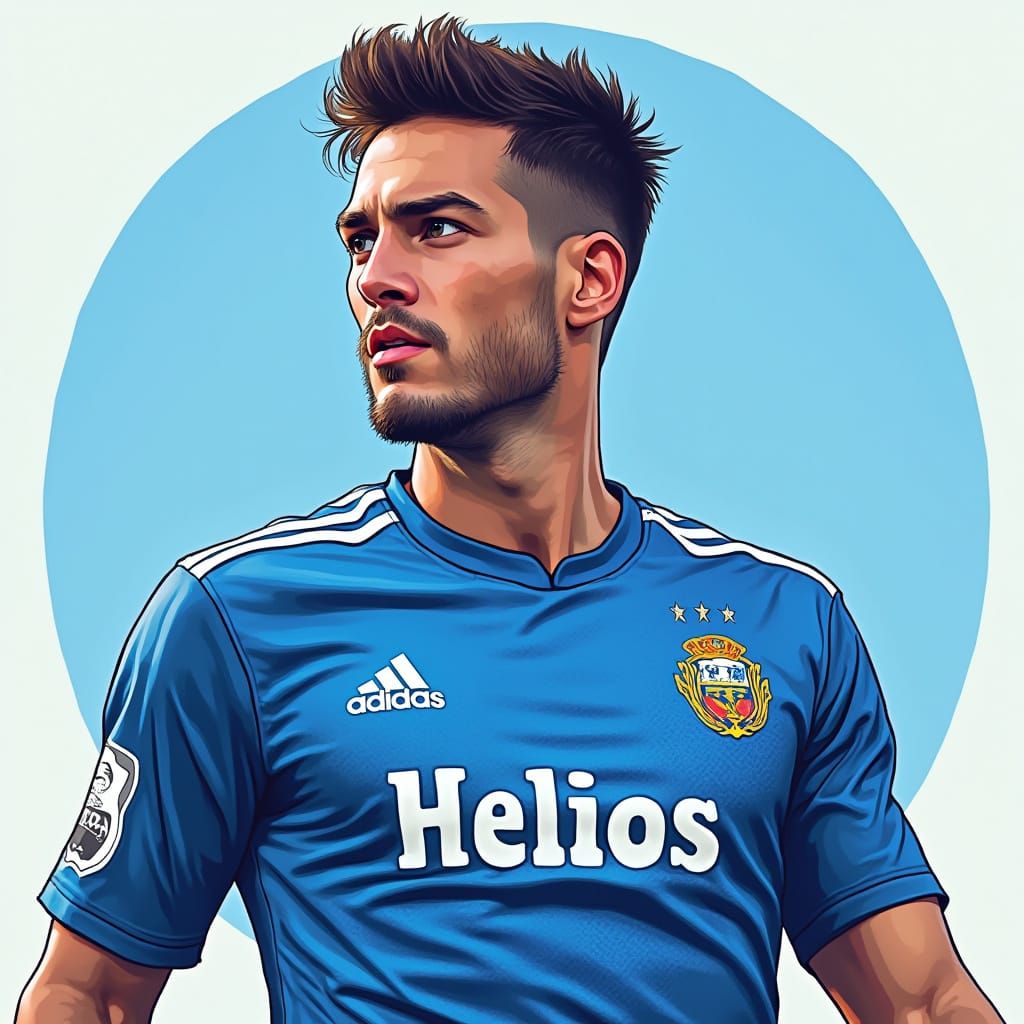 Blue Football Player in Profile with Helios Jersey and Spons...