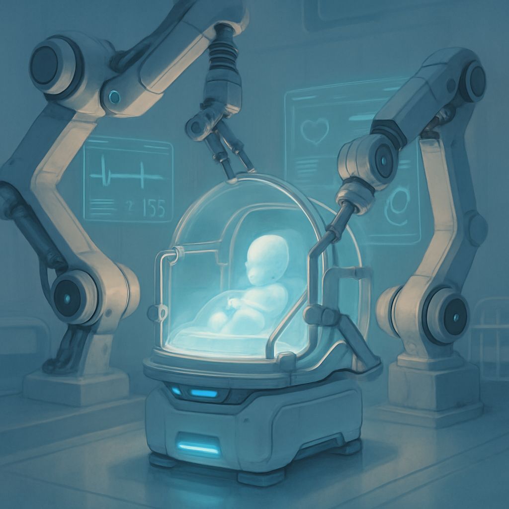 Futuristic Nursery: Robotic Arms Assemble Glowing Infant Inc...