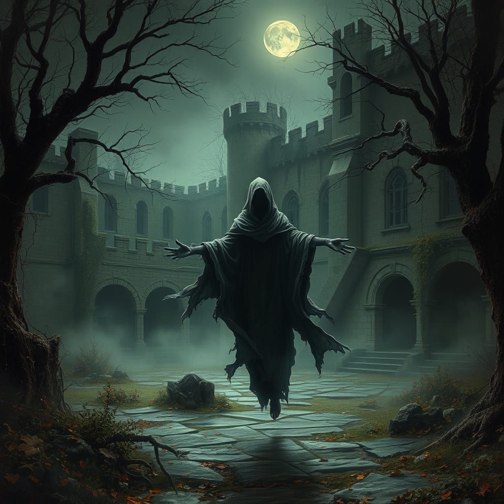 Haunted Castle Courtyard: Spectral Spirit in Gothic Style