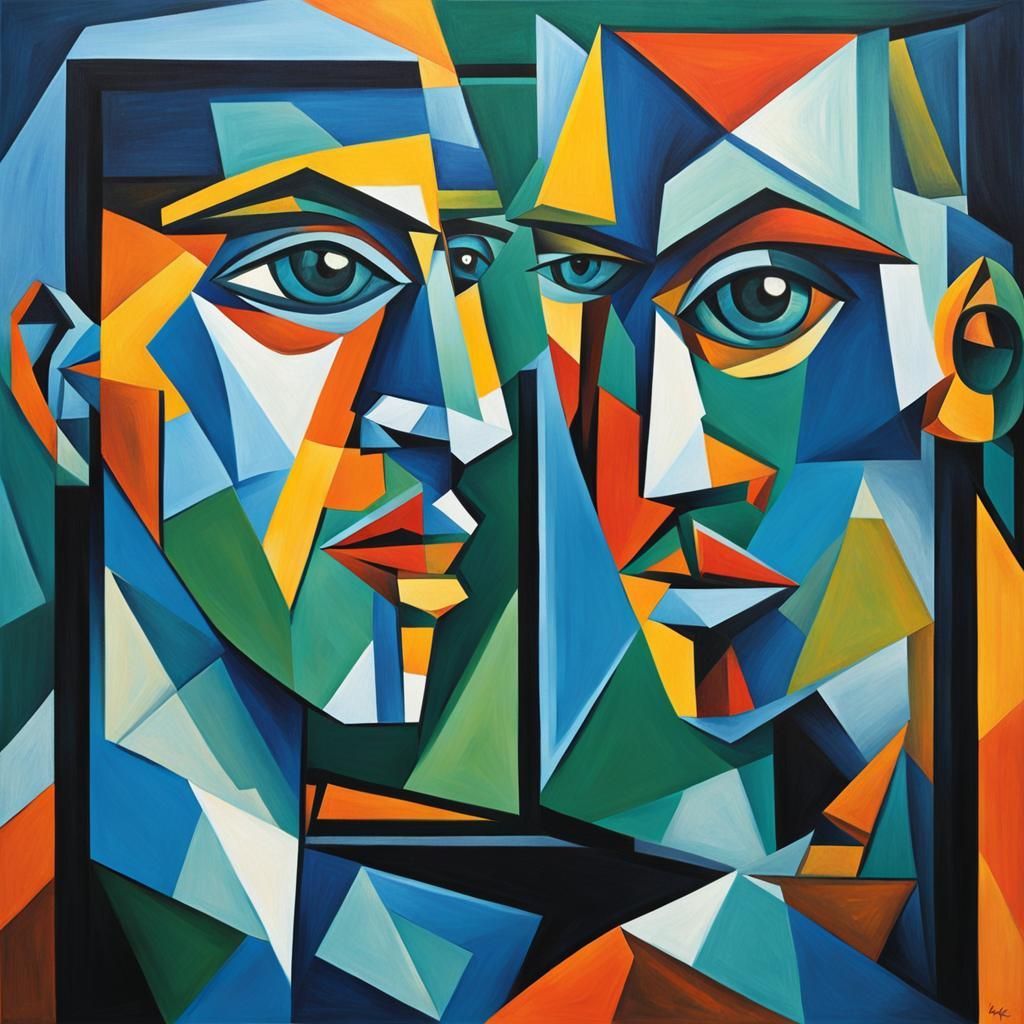 Cubist Eyes in Mirror, Geometric Fauvist Painting