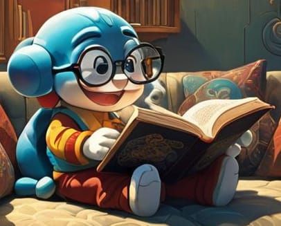 Doremon Reading on Sofa: Detailed Matte Painting
