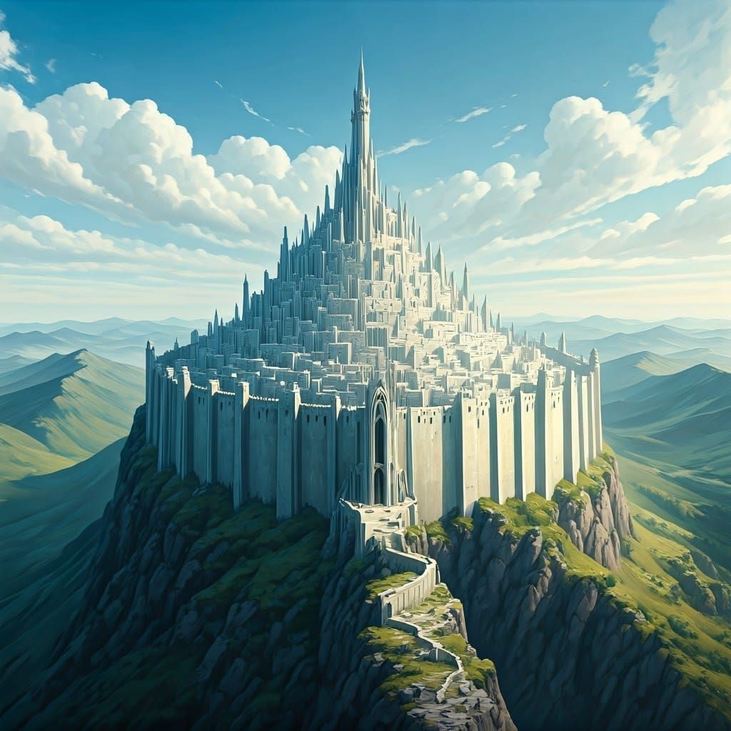 Minas Tirith Fortress City in Watercolor Style