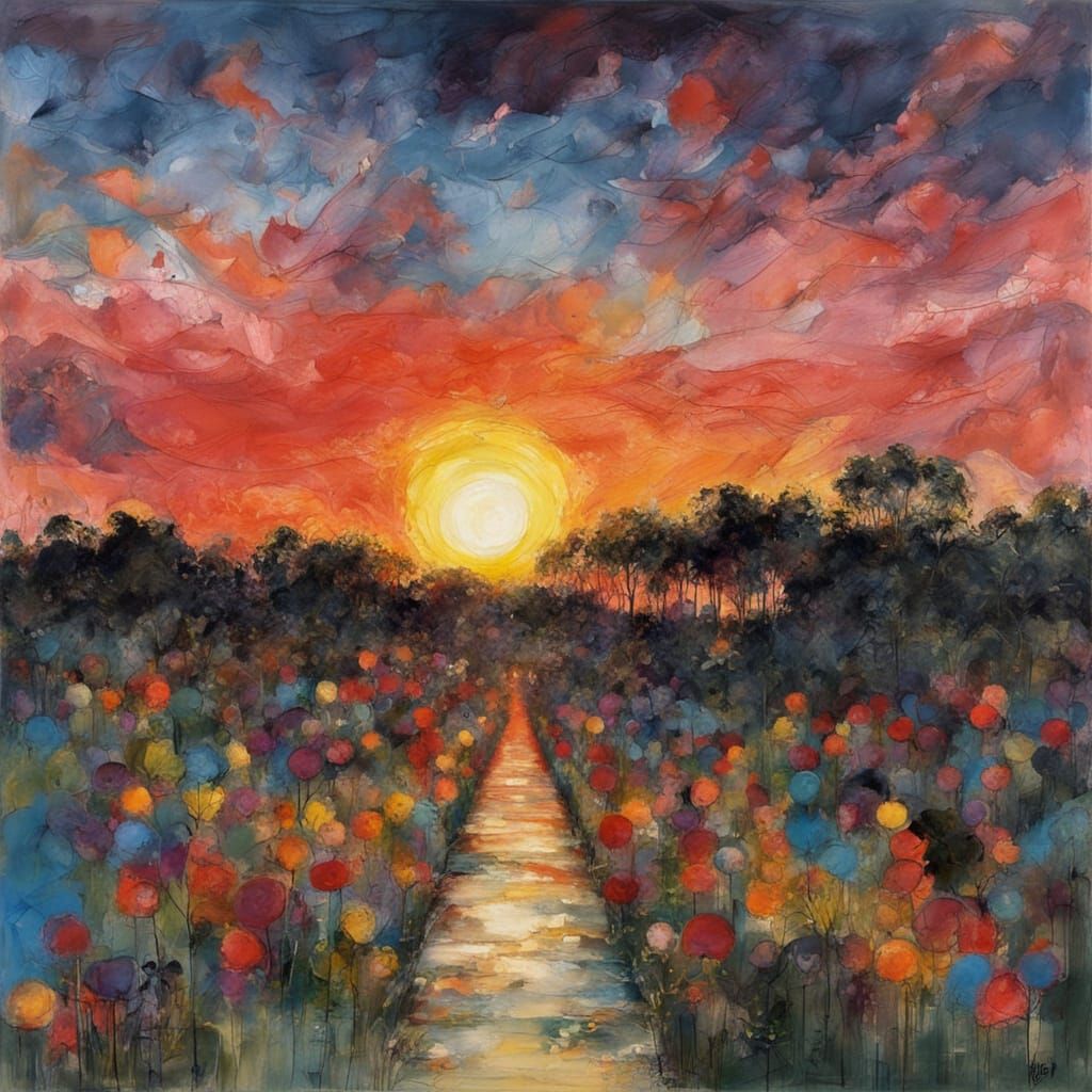 Vibrant Sunset Landscape in Jim Dine Style