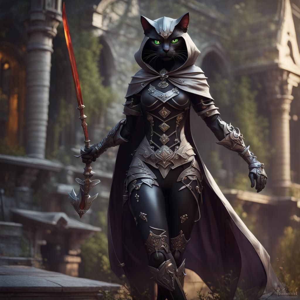 Fierce Black Cat Anthro Warrior in Detailed Painting