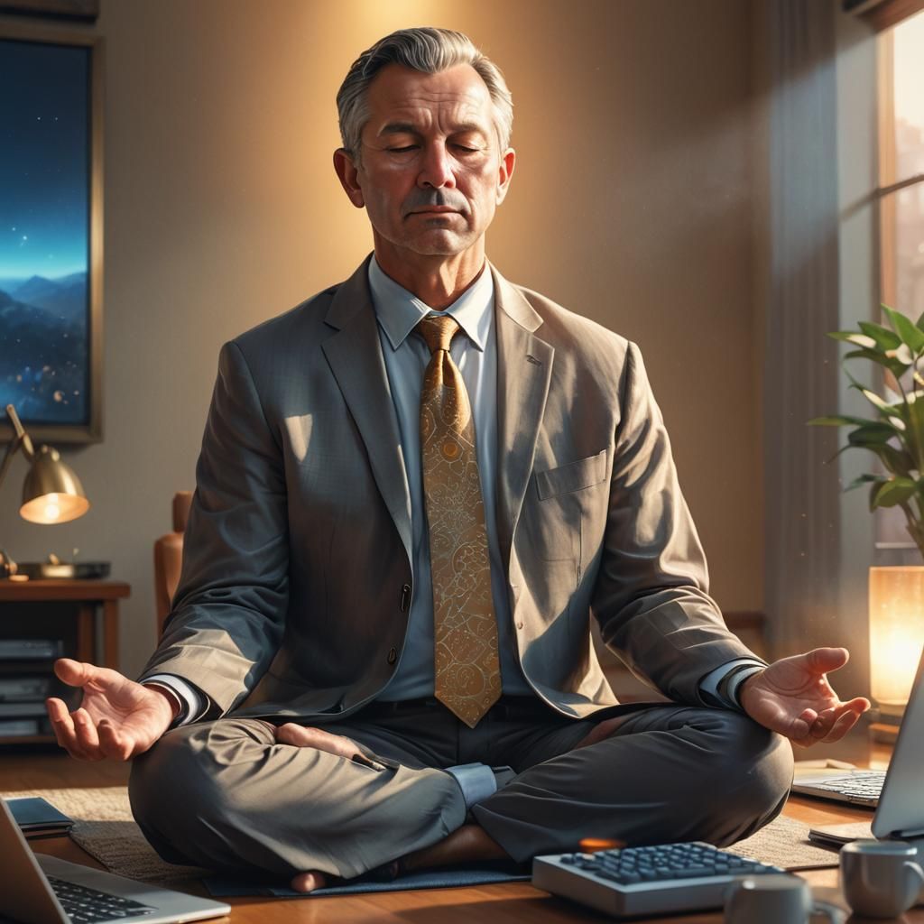 Meditating Businessman in Lotus Position: Hyper-Realistic Di...