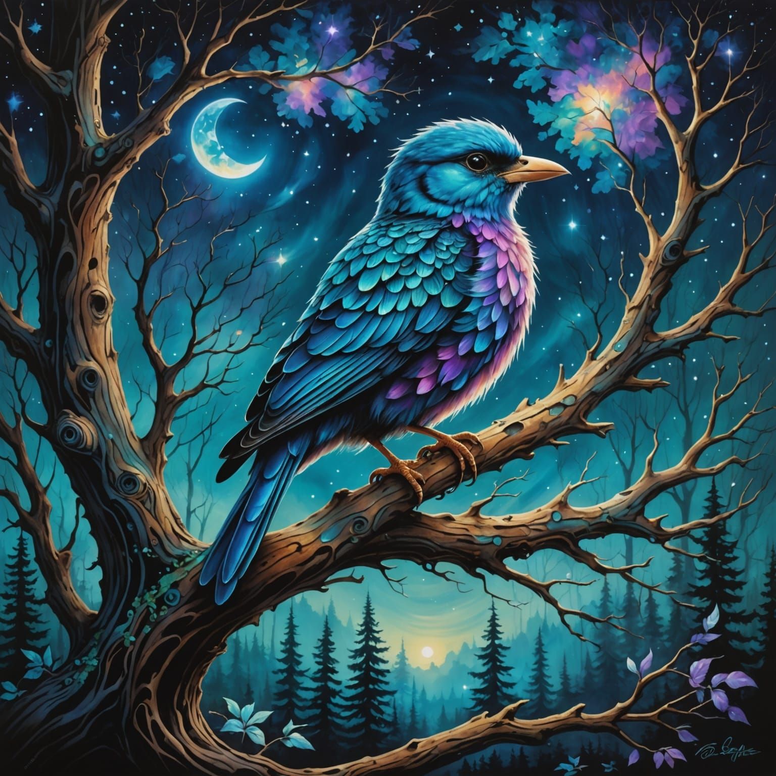 Iridescent Bird in Enchanted Forest: Airbrush Art