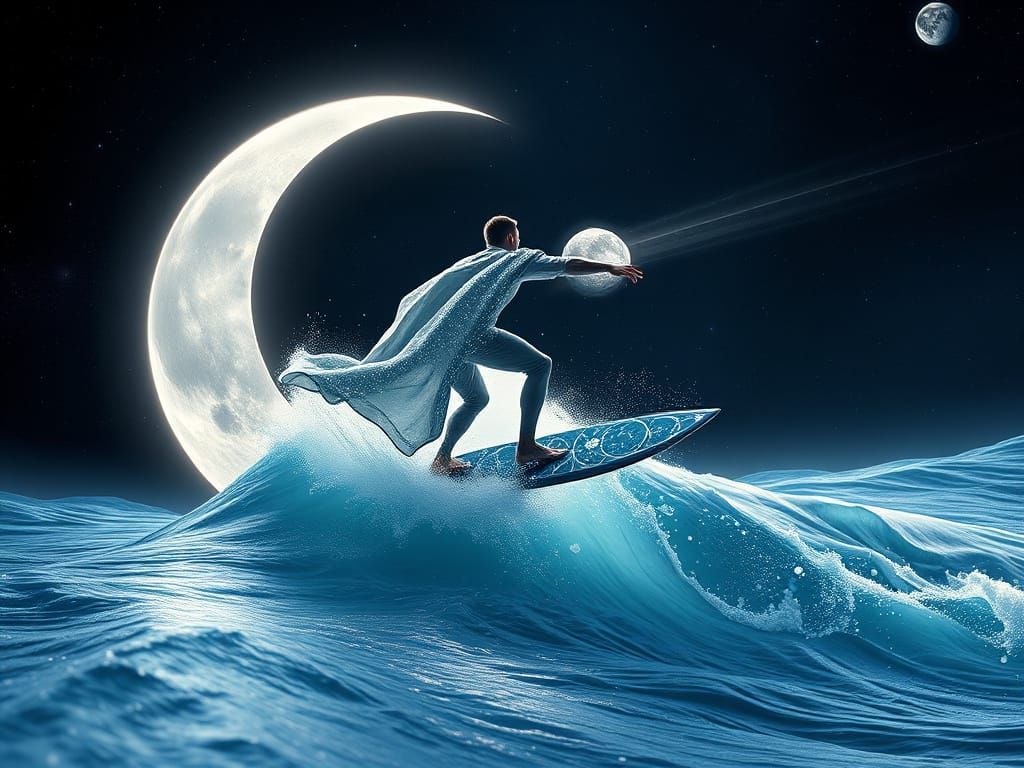 Cosmic Surfer Rides Liquid Moonbeams Through Space