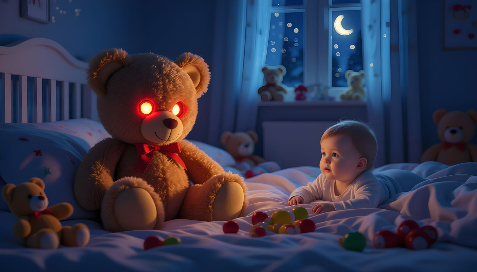 Red-Eyed Teddy Bear in Cozy Bedroom: Hyper Realistic 3D Art