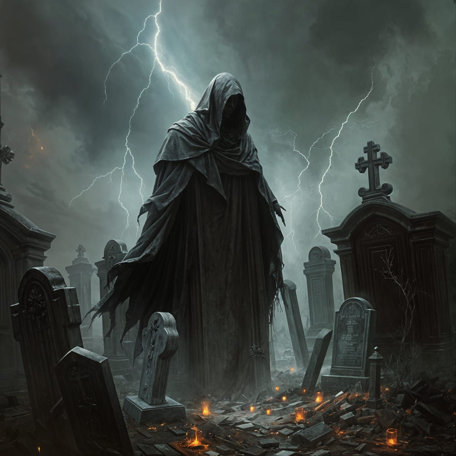 Ghost of Christmas Future in a Cemetery at Midnight