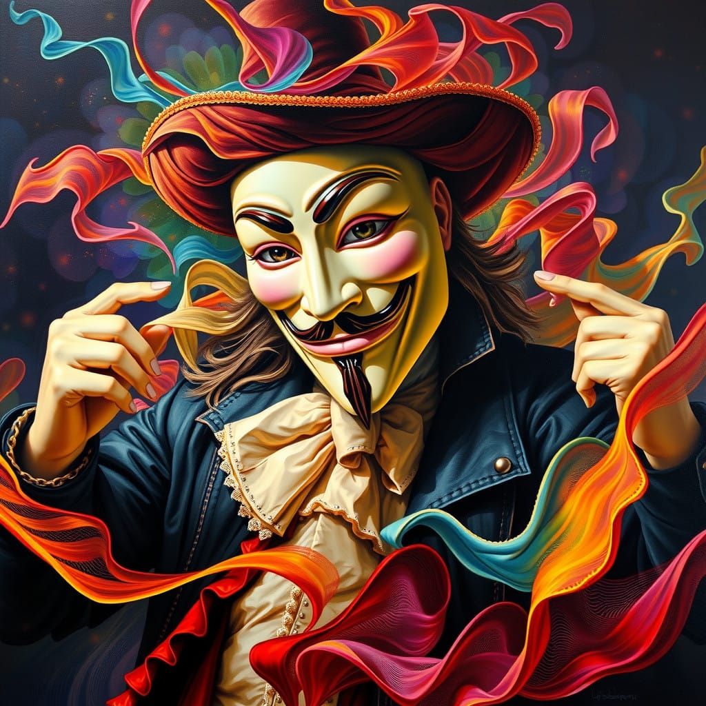 Portrait, Guy Fawkes, Dances Fluidly, Oil painting, hyperdetailed, Neon Contrasts, surreal, vibrant, Inigo Jones, Geoff ...