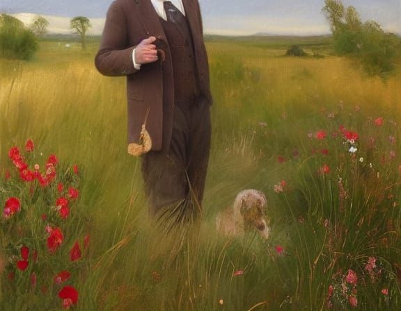Romantic Portrait of Man in Field as Oil Painting