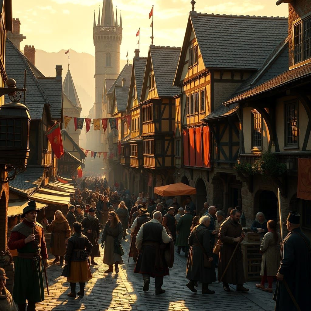 Bustling Medieval Marketplace in Renaissance Style