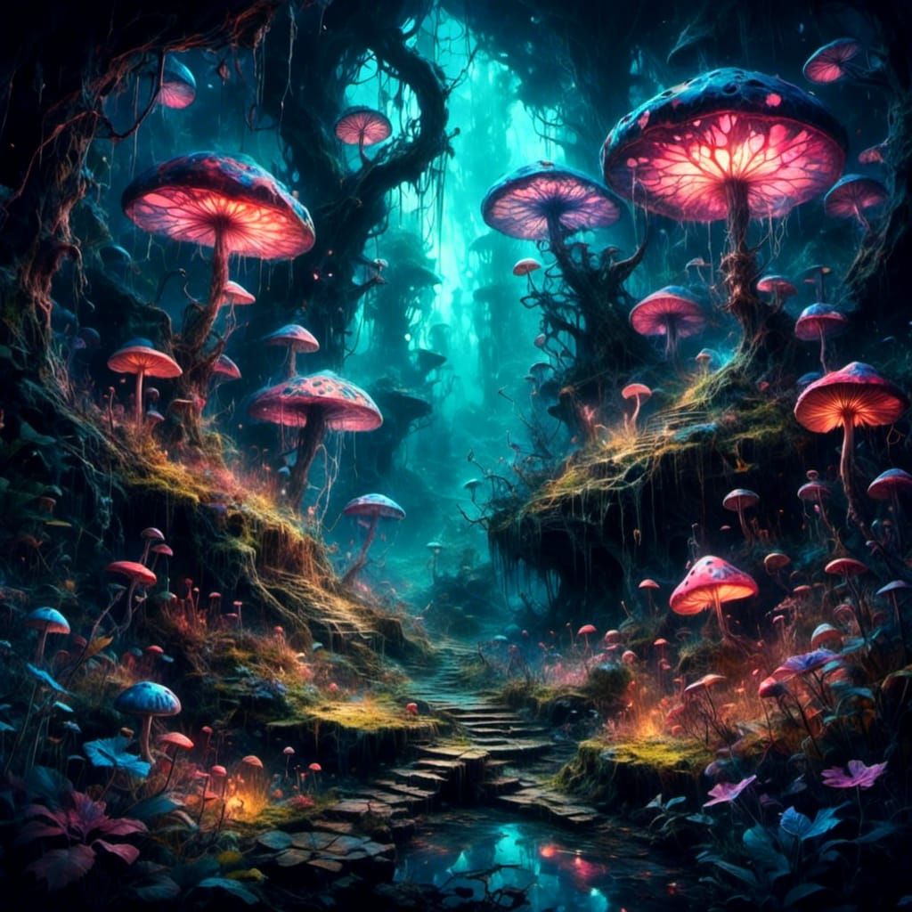 Psychedelic Garden with Elves and Magic Mushrooms