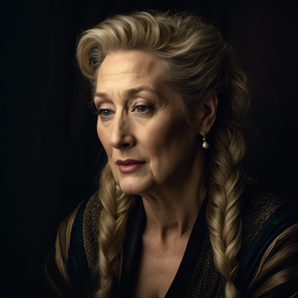 Photorealistic Meryl Streep Portrait in Chiaroscuro Style