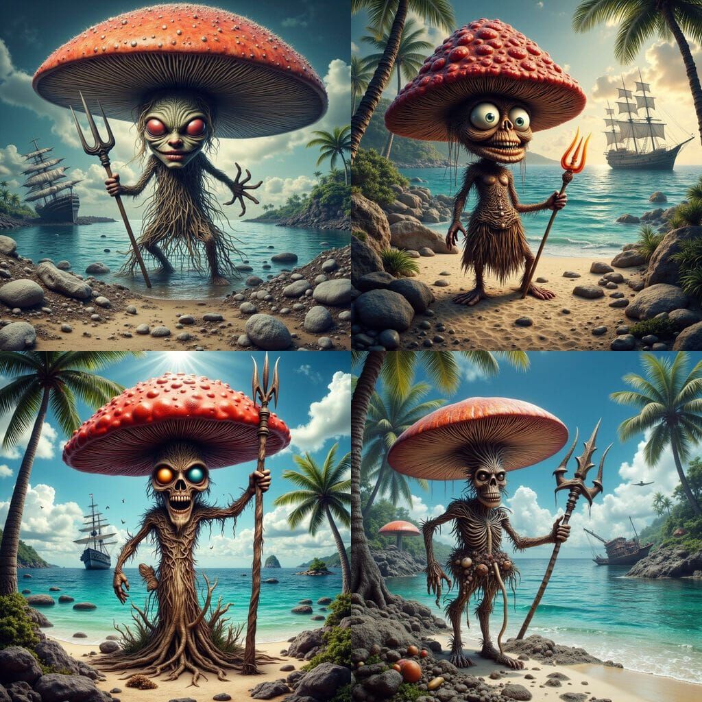 Mushroom Character on Tropical Island in Art Nouveau Style