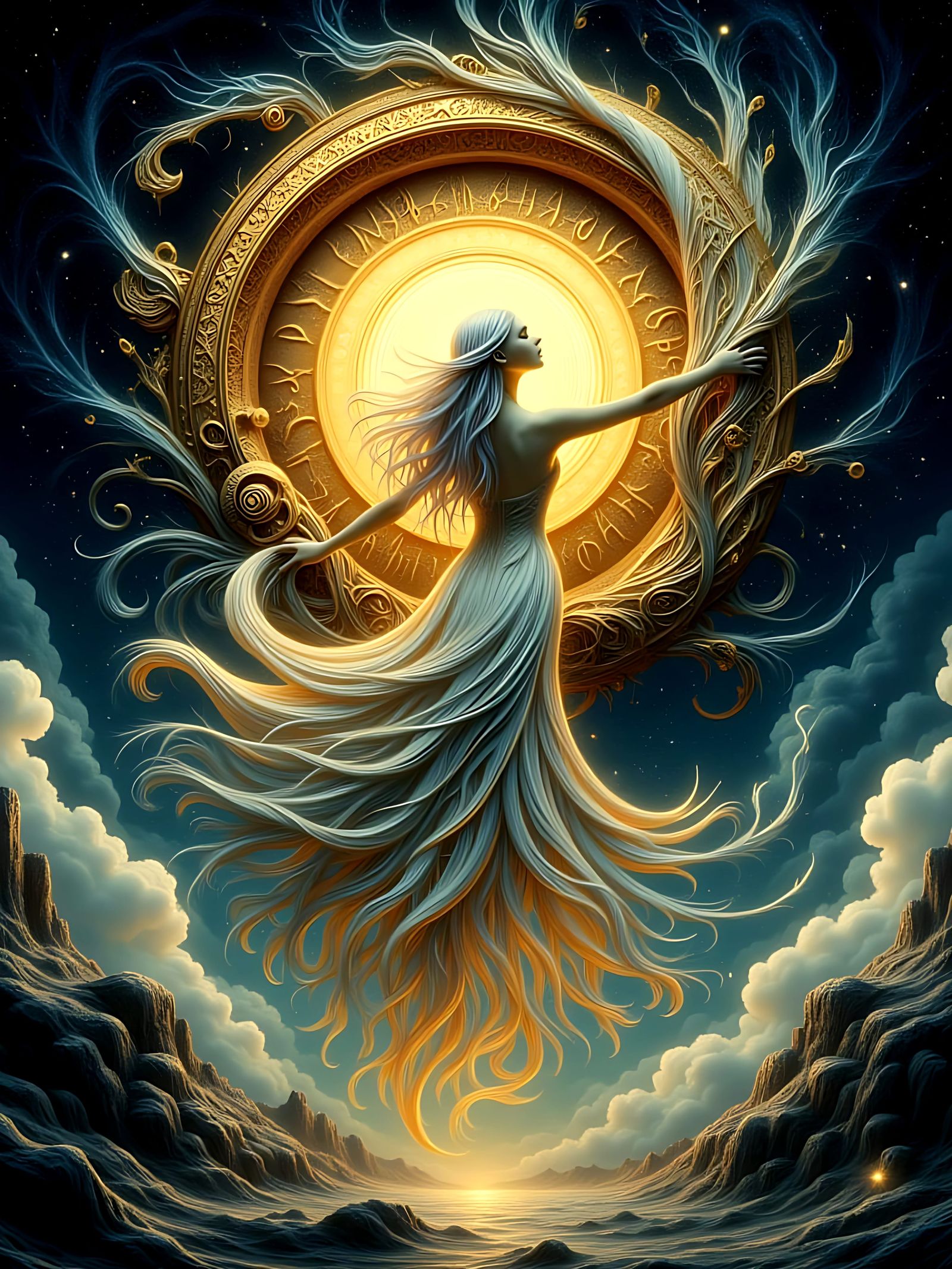 Ethereal Woman Emerges From Cosmic Clock Tower Portal