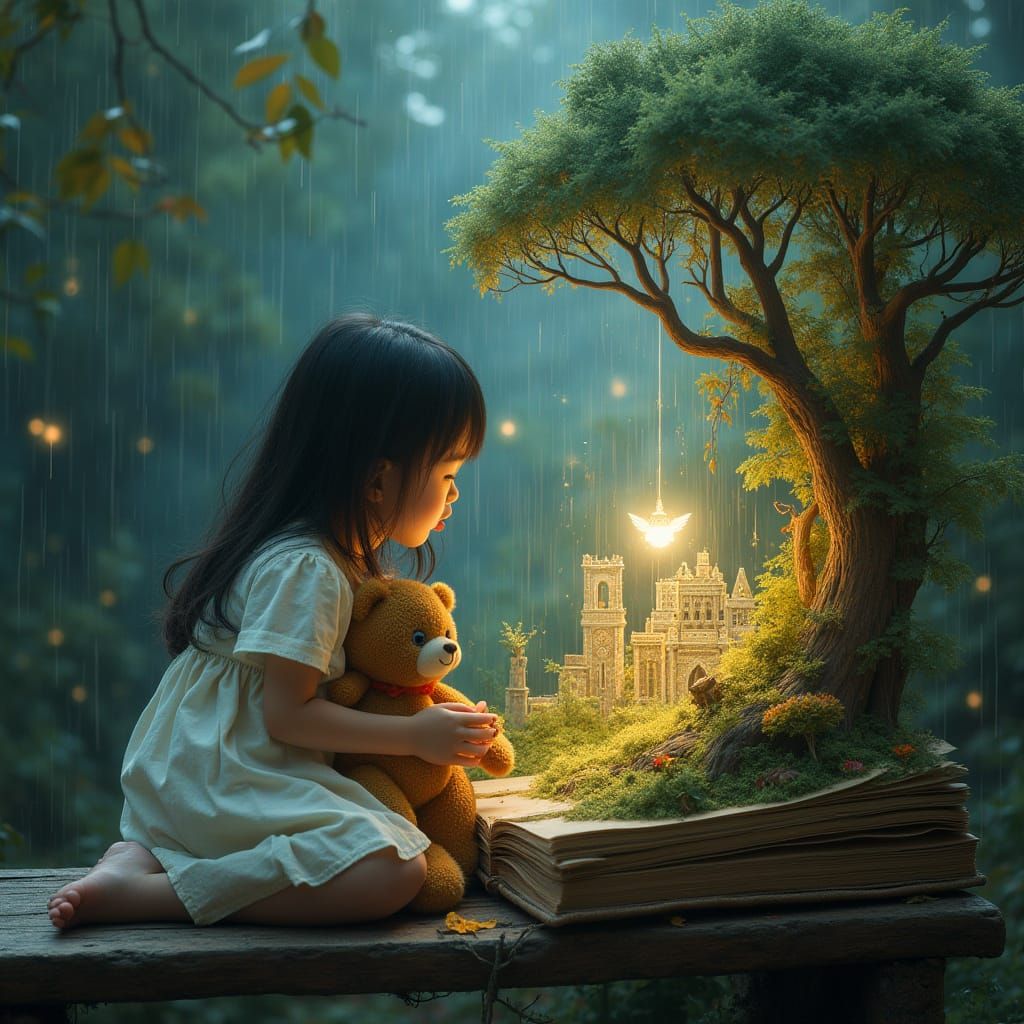 Young Girl with Magical Pop-Up Book in Impressionist Citysca...