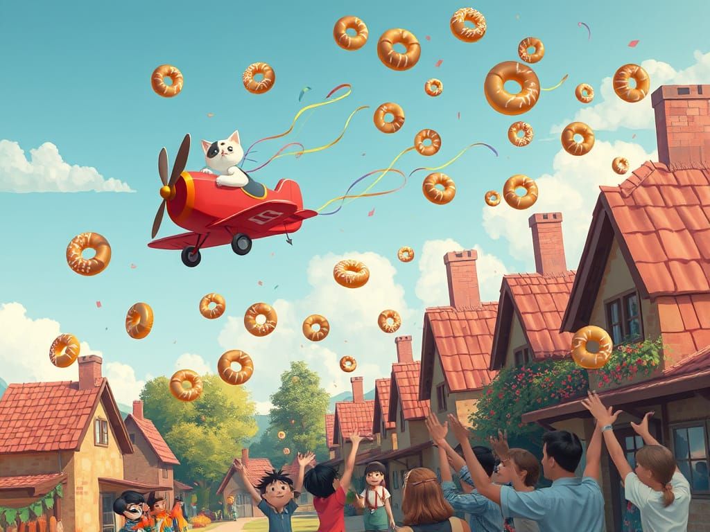 Whimsical Cat Soars Above Village in Colorful Airplane