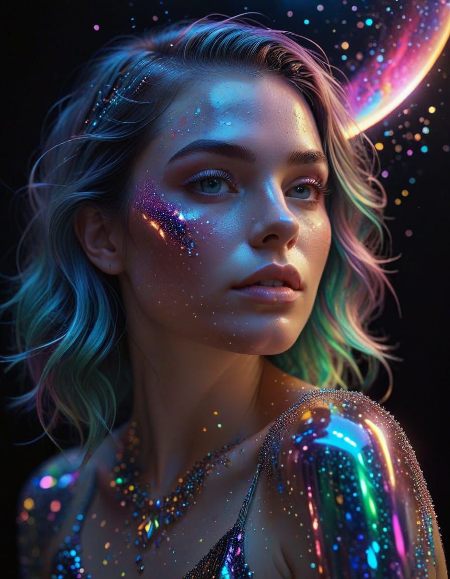 Rainbow Goddess Cradles the Moon in Radiant Glory