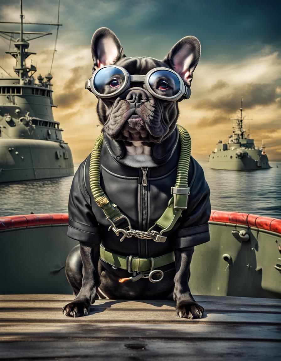 Cool French Bulldog on WWII Boat Deck