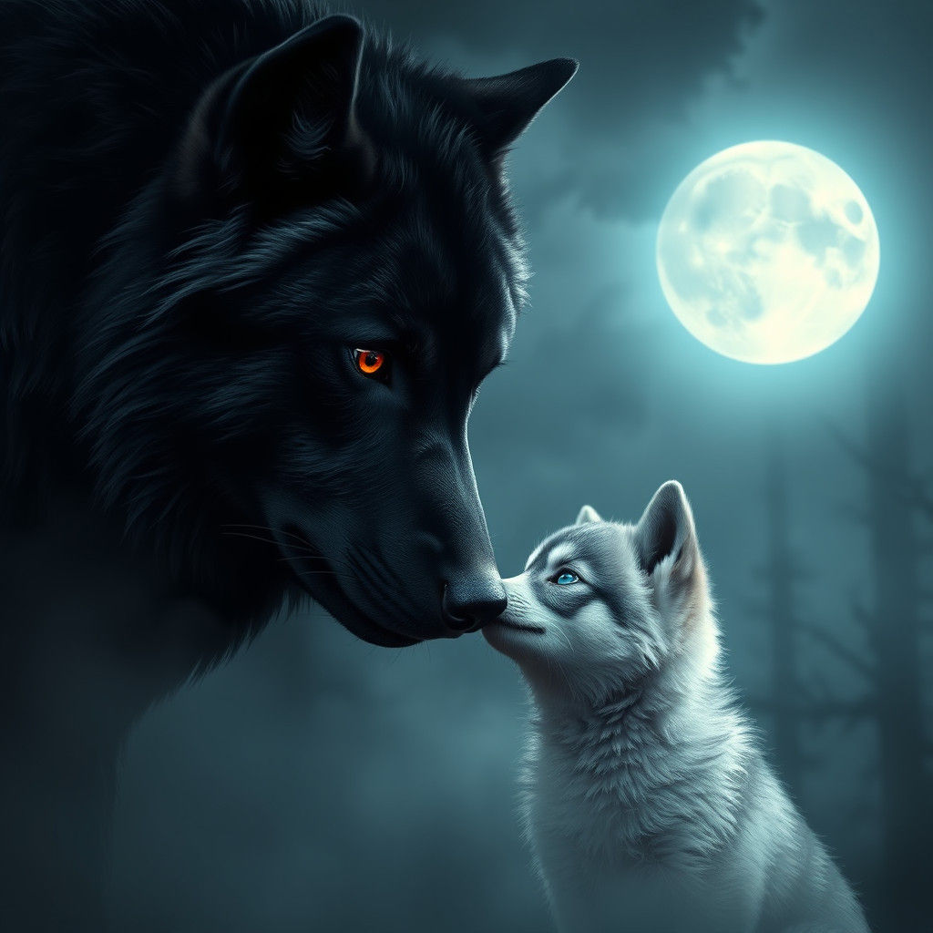 Mystical Black Wolf and Curious Pup in Fantasy Art