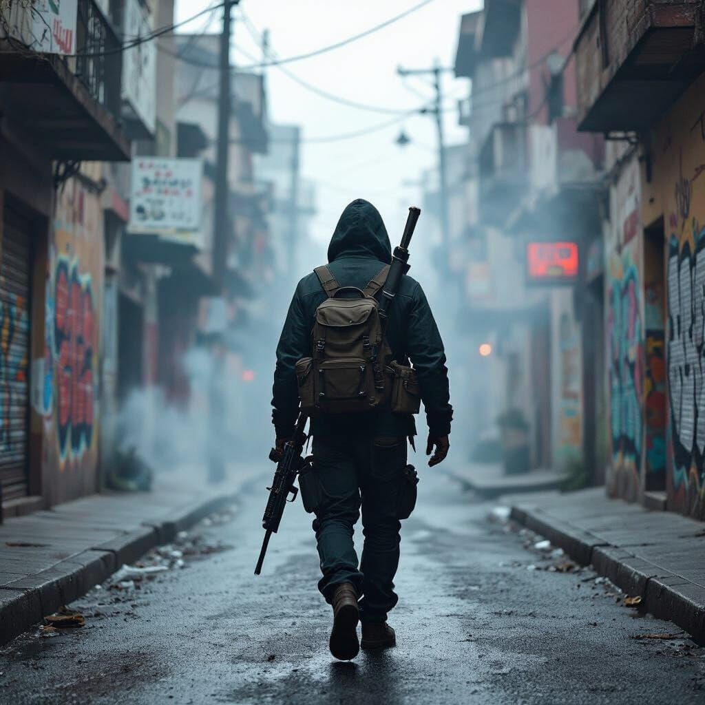 Hyperrealistic Urban Warrior in Dark Alleyway