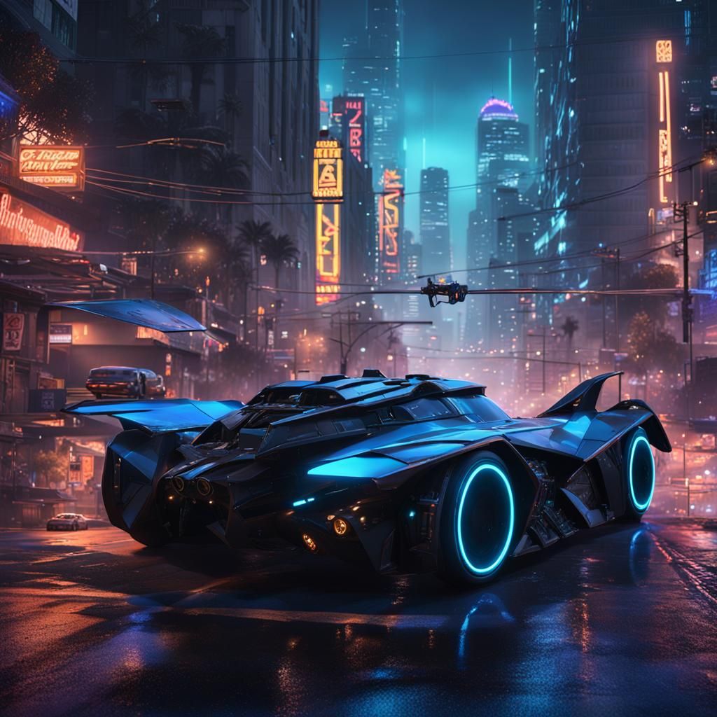 Cyberpunk Batmobile in Fatalistic Los Angeles Night