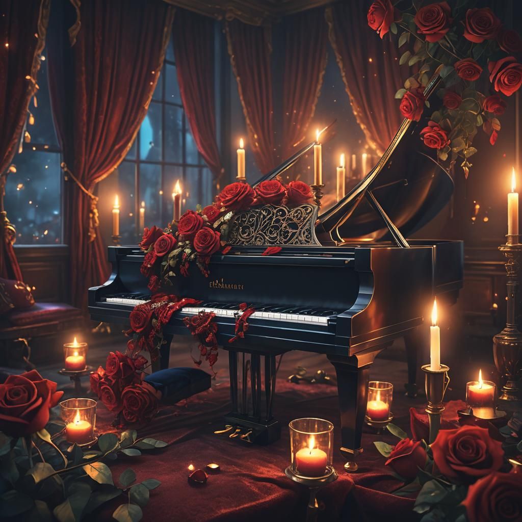 Red Roses on Piano in Dark Fantasy Style