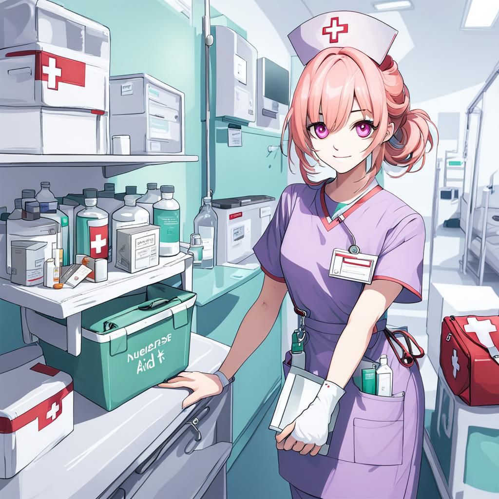 Pink-Haired Nurse in Hospital with First Aid