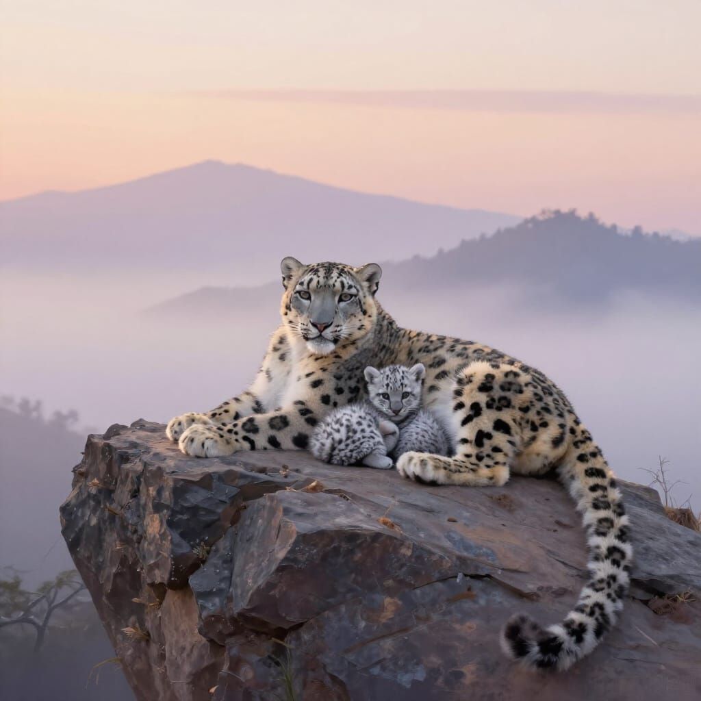 Snow Leopard Family at Sunrise in Ethereal Painterly Style