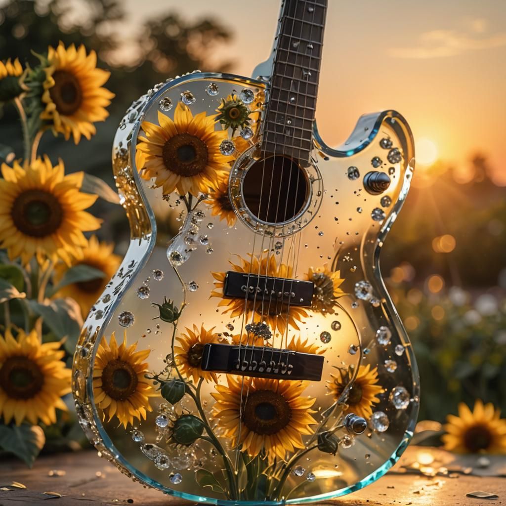 Glass Guitar with Sunflowers in Hyperrealistic Style