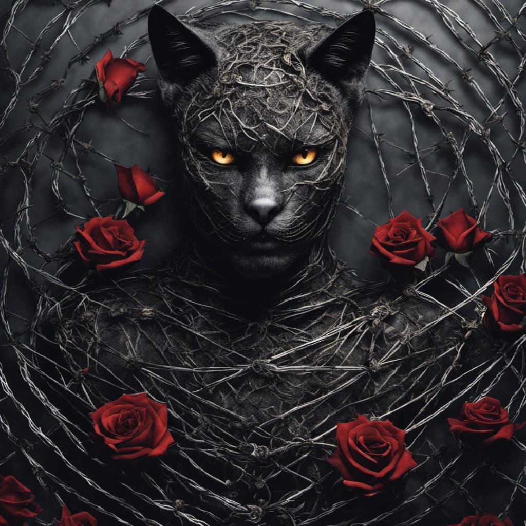 Macabre Black Cat with Roses: Dark Fantasy Art