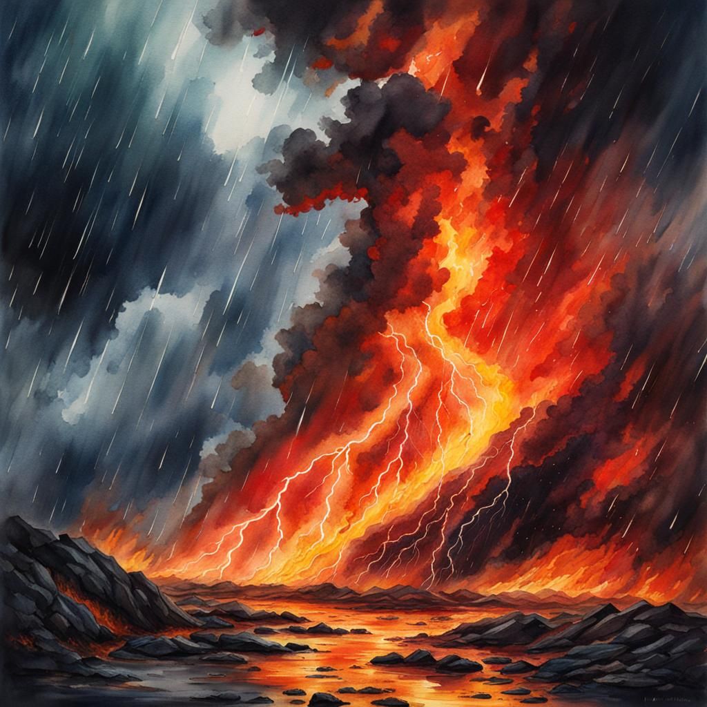 Raining Fire: A Watercolor Storm