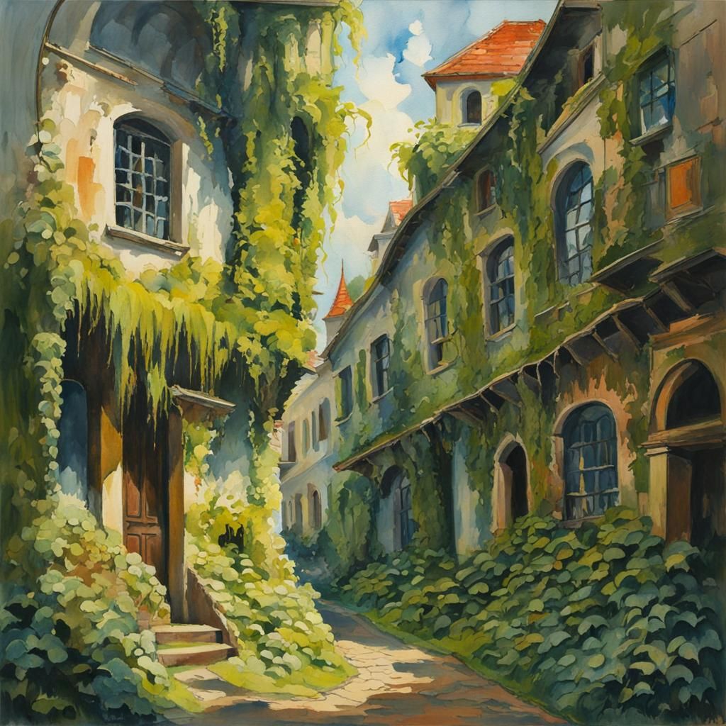 City Overgrown: A Gouache and Watercolor Masterpiece