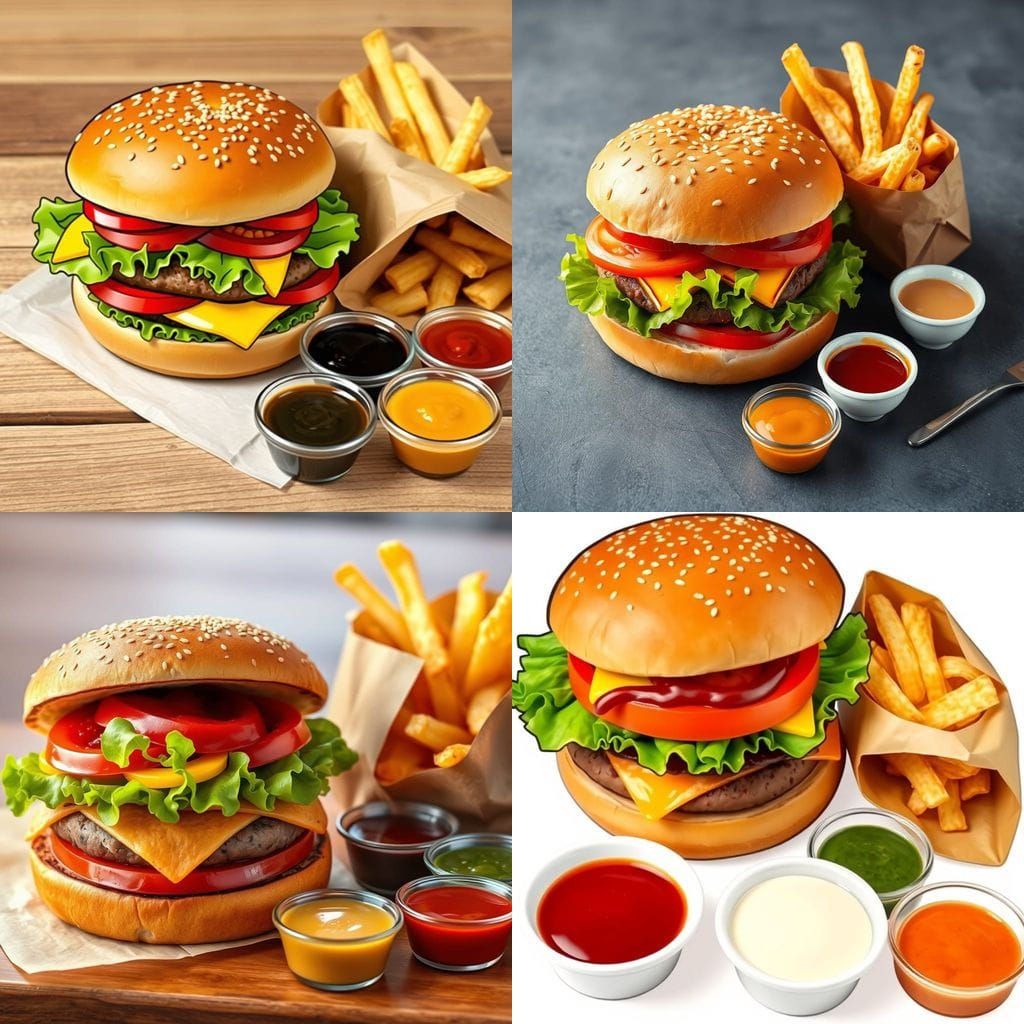 Delicious Hamburger with Chips and Assorted Sauces