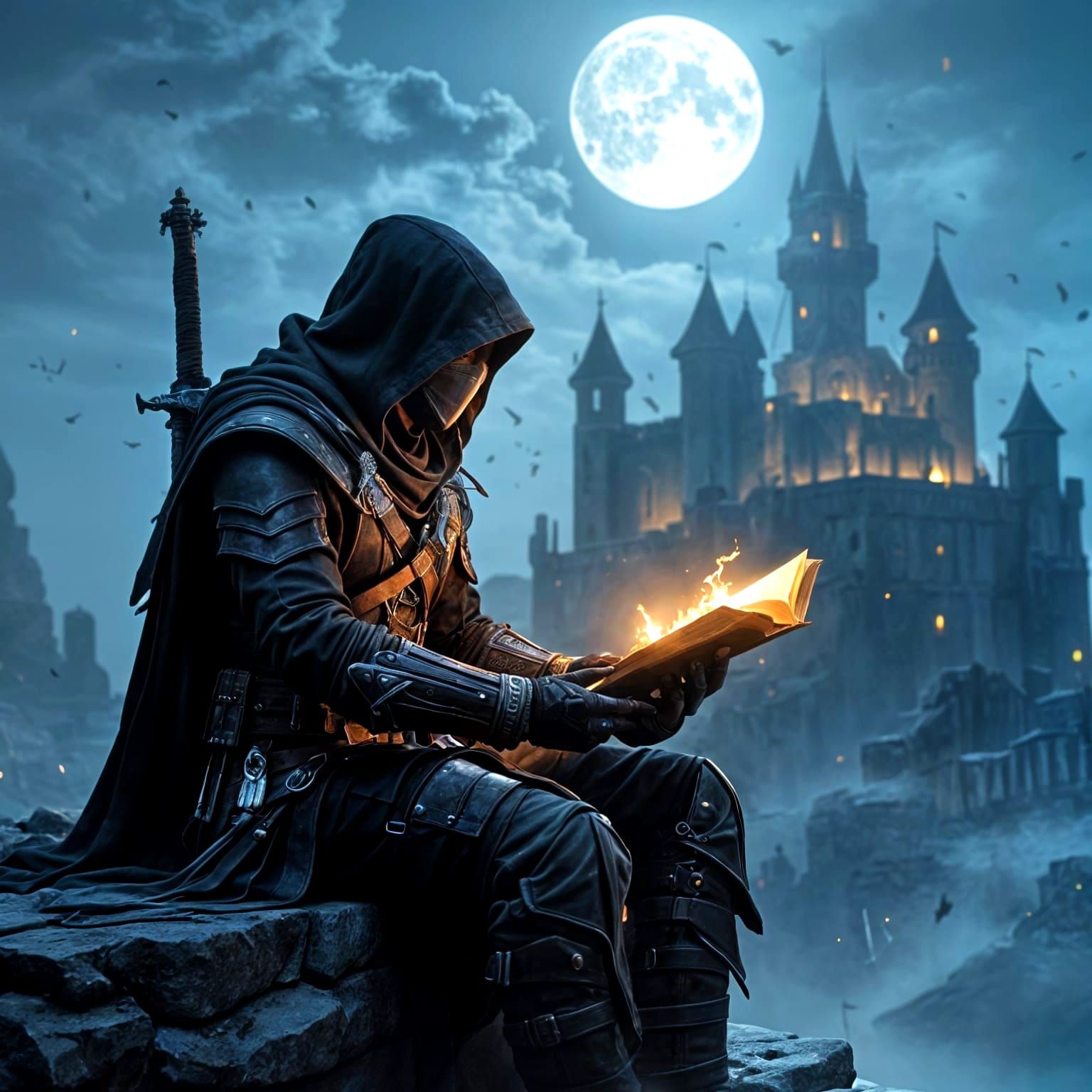 Assassin's Creed Ritual at Ancient Castle Under Moonlight