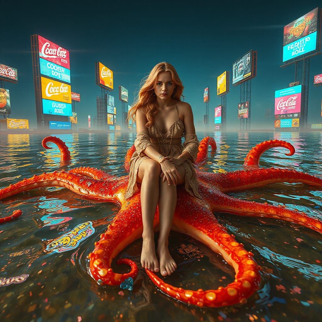 Luminous Woman on Iridescent Squid in Surreal Soda Sea