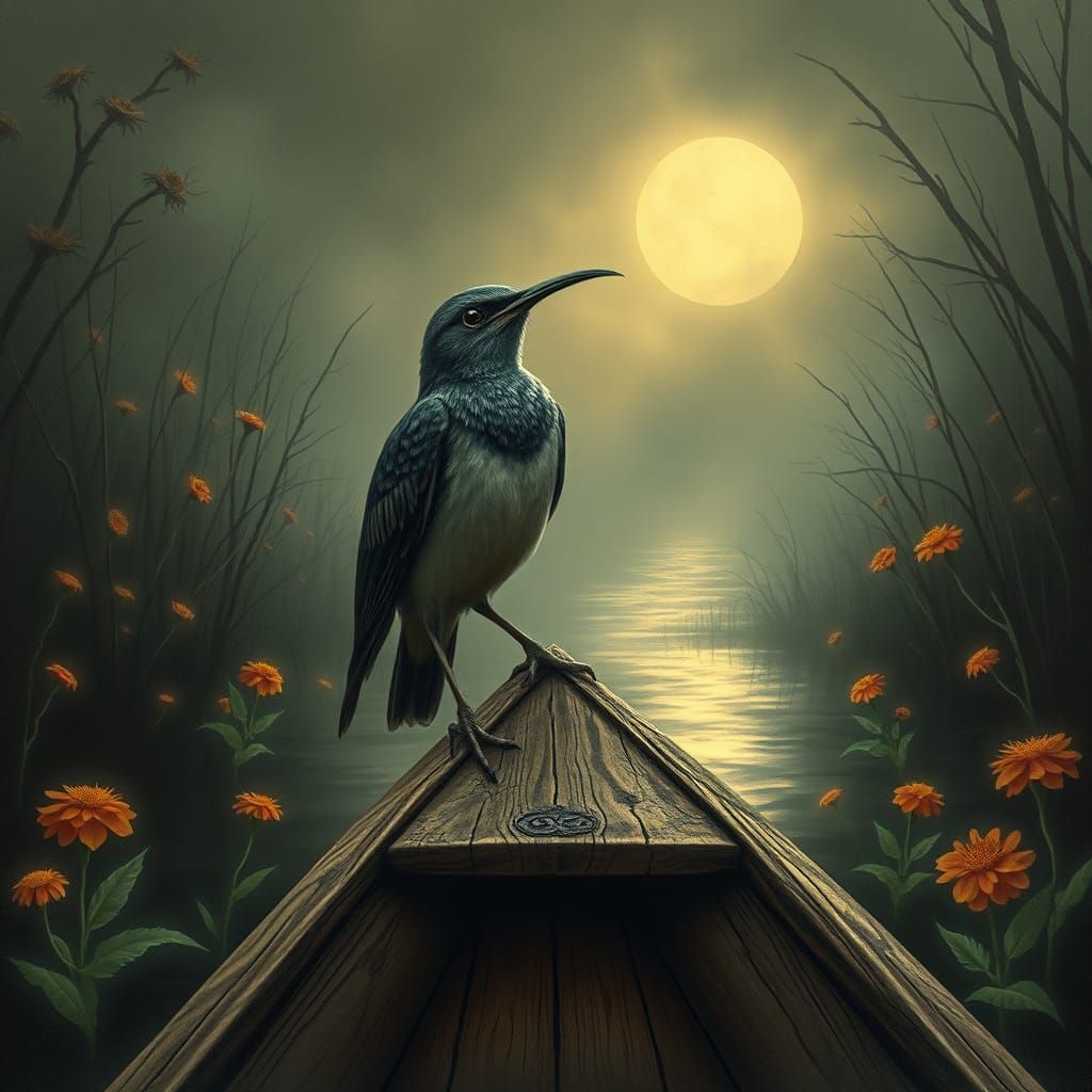 Mockingbird in Mystical Swamp: Surreal Encaustic Art