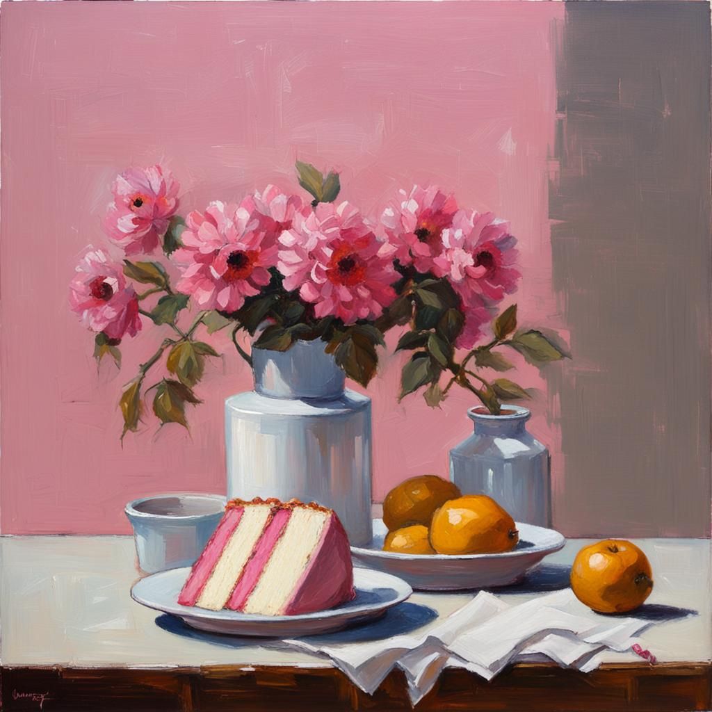 Still Life with Pink Cake, Oil Painting