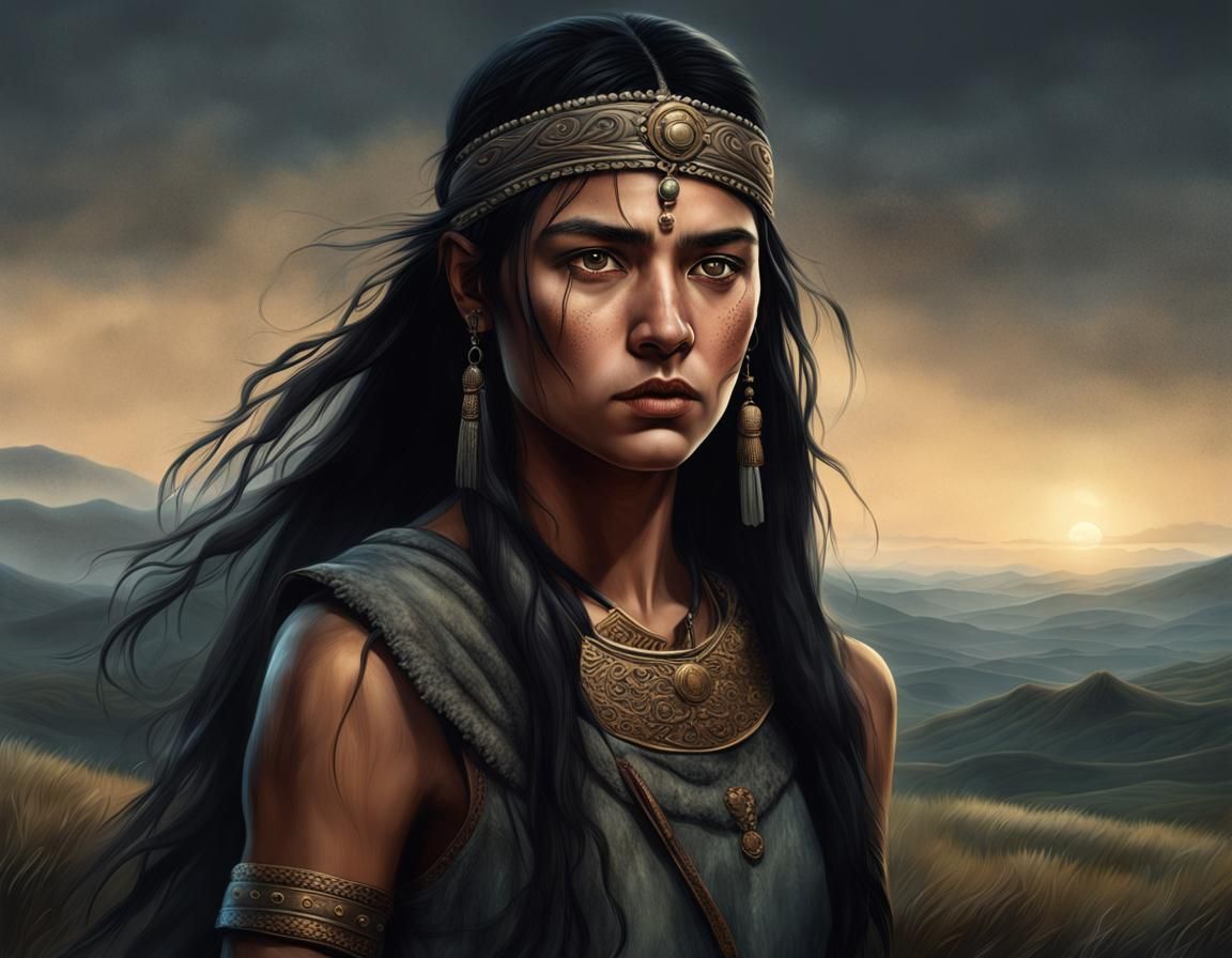 Scythian Girl Portrait in Moonlight, Photorealistic Image