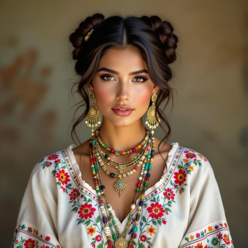 Hispanic Woman in Traditional Dress: Photorealistic Portrait