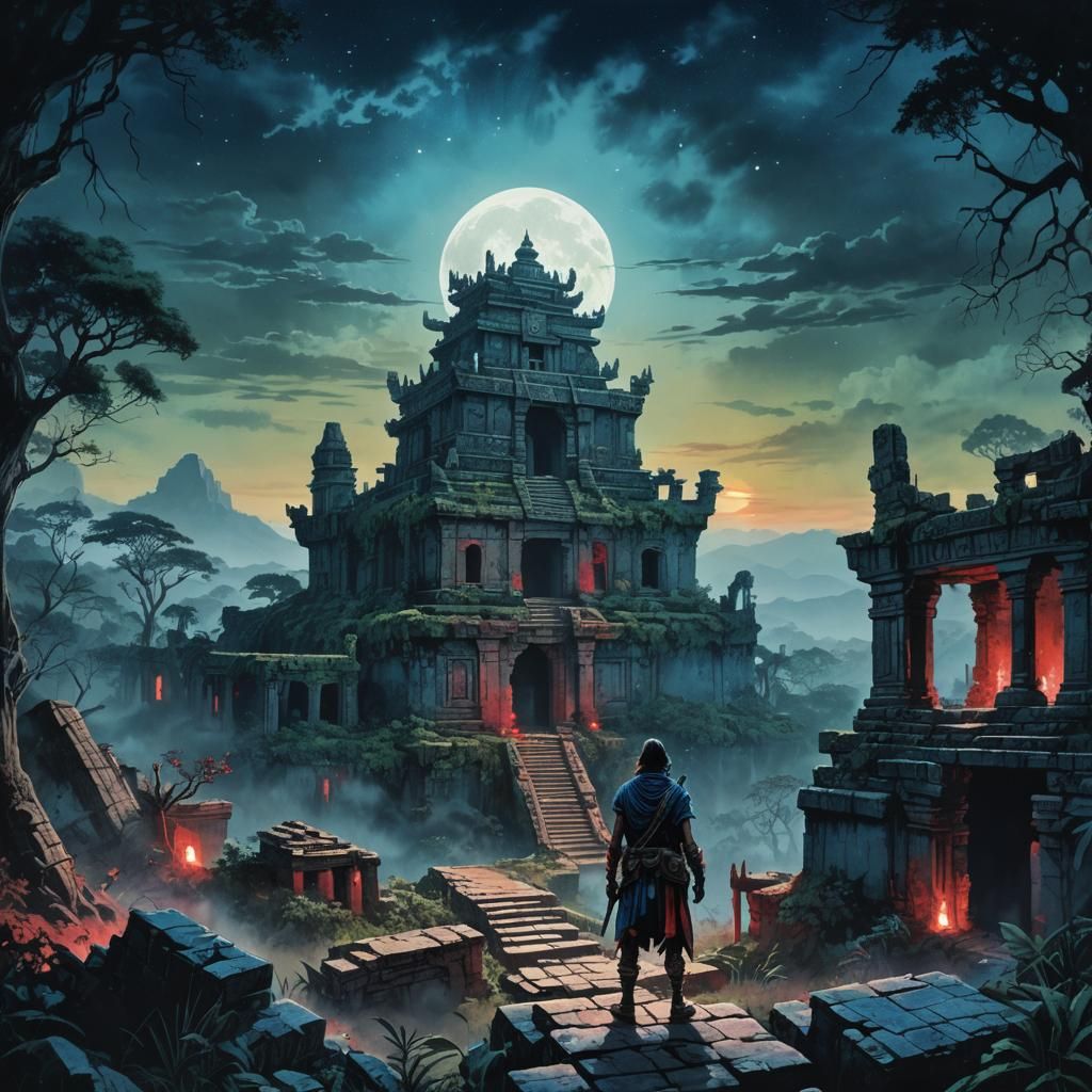 Bloodstained Sky Over Jungle Ruins in Watercolor